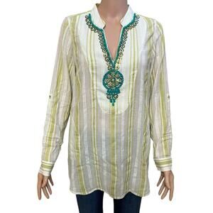 Soft Surroundings Elisha Beaded Tunic Top Small Roll Tab Sleeve Striped Boho
